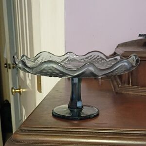 1970s Vintage Fenton Smoky Blue Pedestal Bonbon Plate
